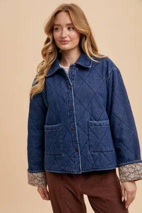 Annie Wear Dark Blue Quilted Printed Lining Snap Down Denim Jacket
