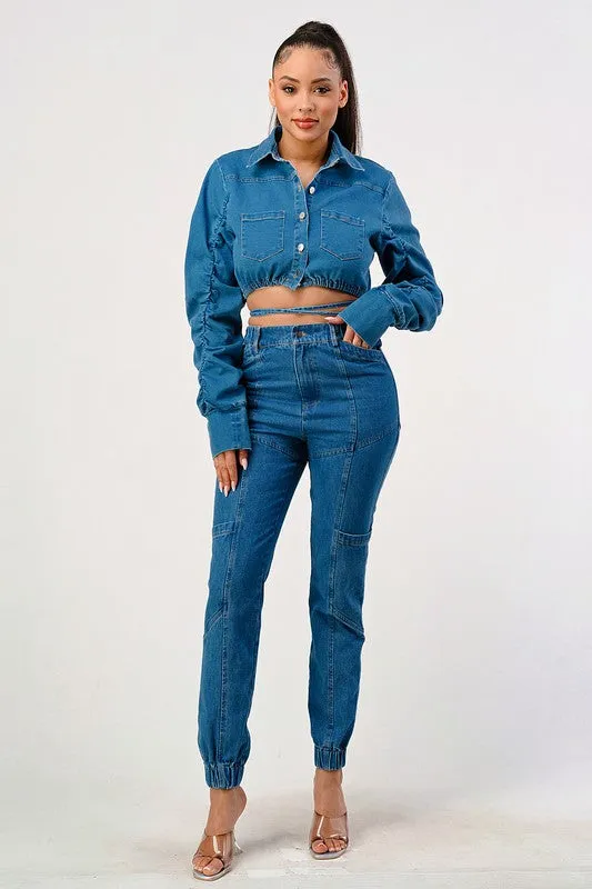 Casual Cropped Long Sleeve Denim Jacket