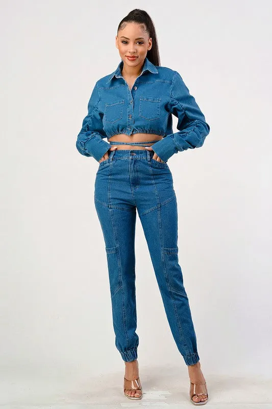 Casual Cropped Long Sleeve Denim Jacket
