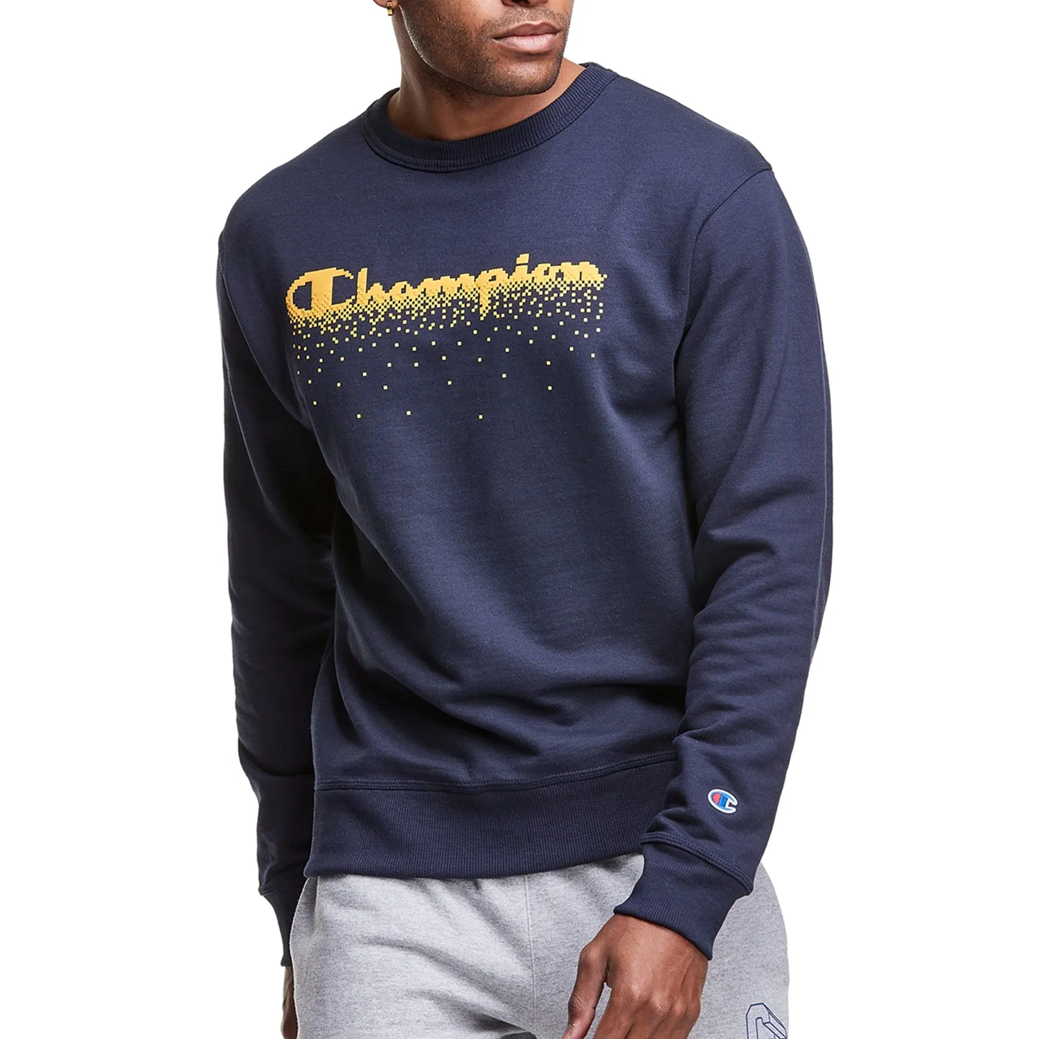 Champion Men's Powerblend Fleece Crew Neck Sweatshirt Navy/Yellow
