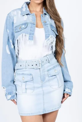 Distressed Denim Jacket with Frayed Hem