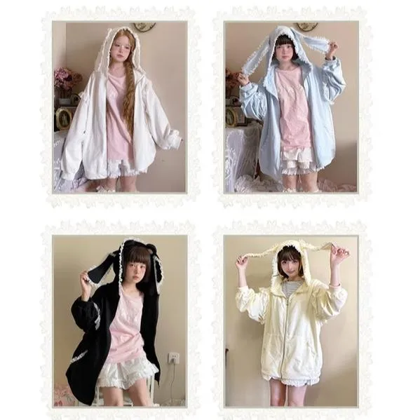 Fairy Kei Bunny Ears Hoodie Lace Coat Multicolor