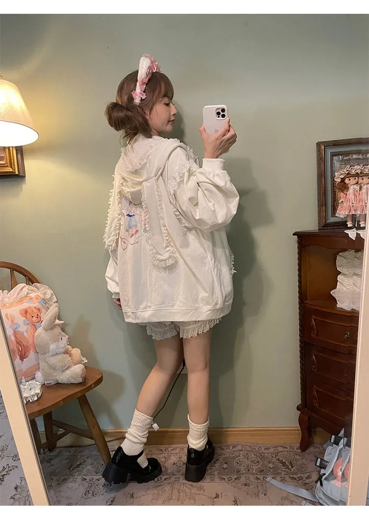 Fairy Kei Bunny Ears Hoodie Lace Coat Multicolor
