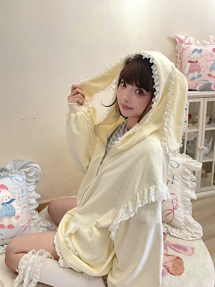 Fairy Kei Bunny Ears Hoodie Lace Coat Multicolor