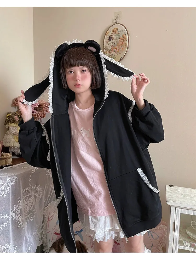 Fairy Kei Bunny Ears Hoodie Lace Coat Multicolor