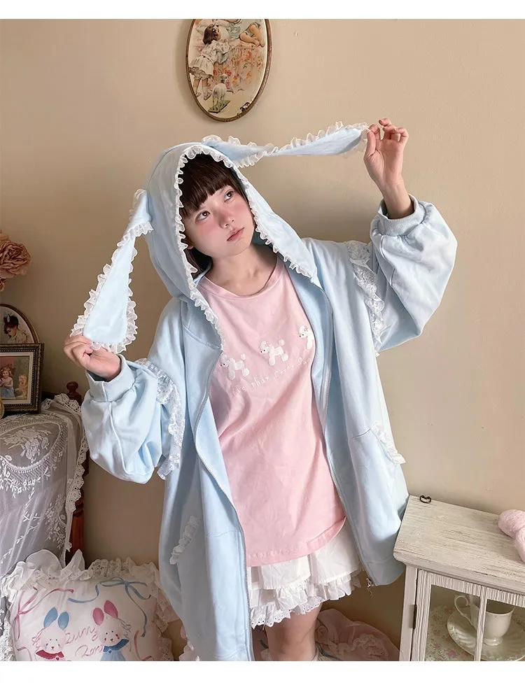 Fairy Kei Bunny Ears Hoodie Lace Coat Multicolor