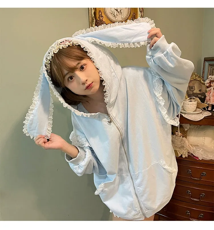Fairy Kei Bunny Ears Hoodie Lace Coat Multicolor