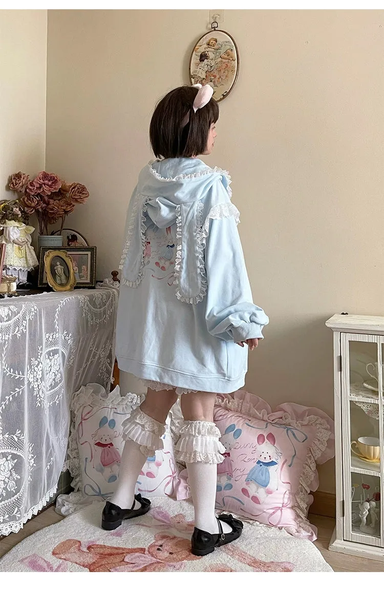 Fairy Kei Bunny Ears Hoodie Lace Coat Multicolor