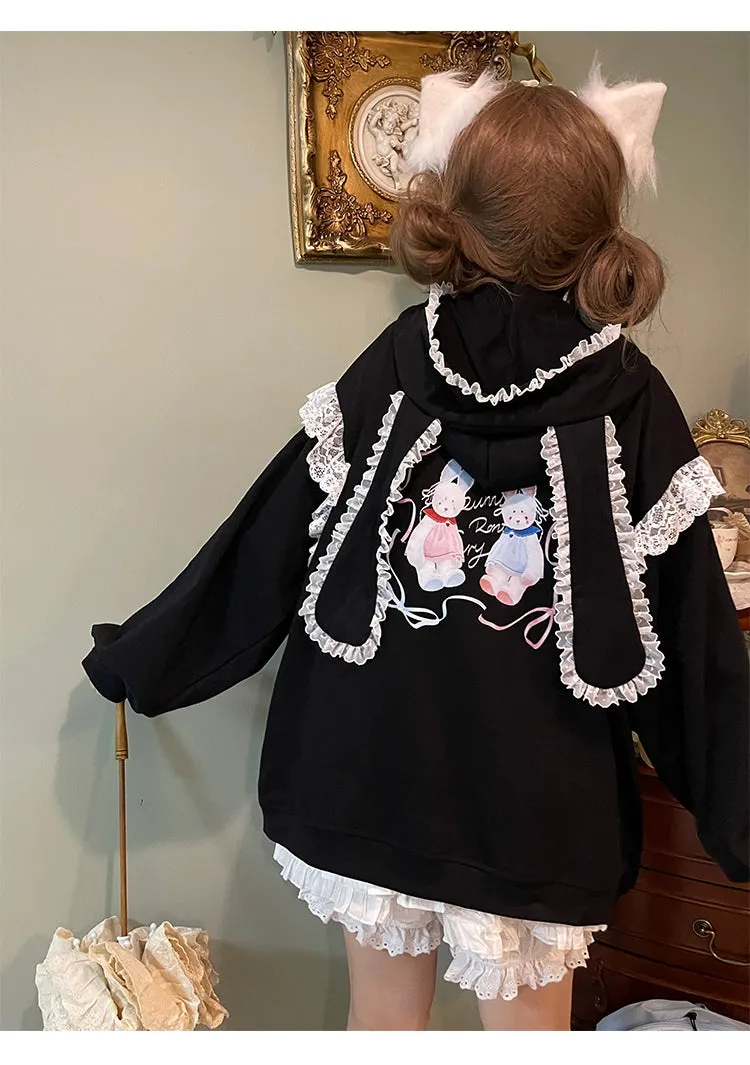 Fairy Kei Bunny Ears Hoodie Lace Coat Multicolor