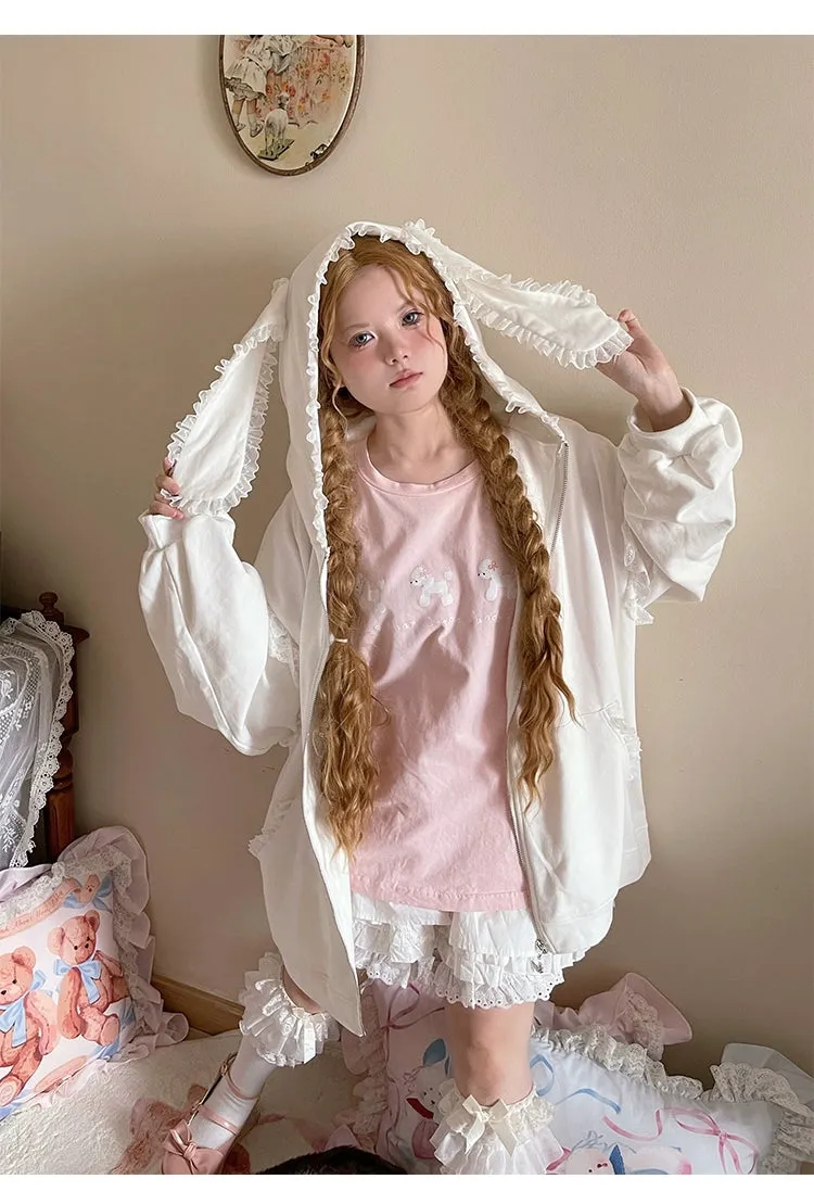 Fairy Kei Bunny Ears Hoodie Lace Coat Multicolor