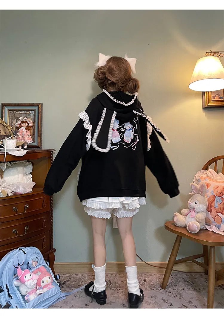 Fairy Kei Bunny Ears Hoodie Lace Coat Multicolor