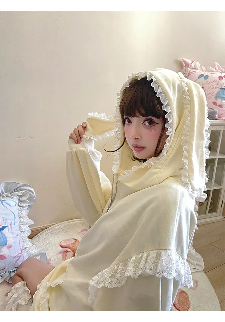 Fairy Kei Bunny Ears Hoodie Lace Coat Multicolor