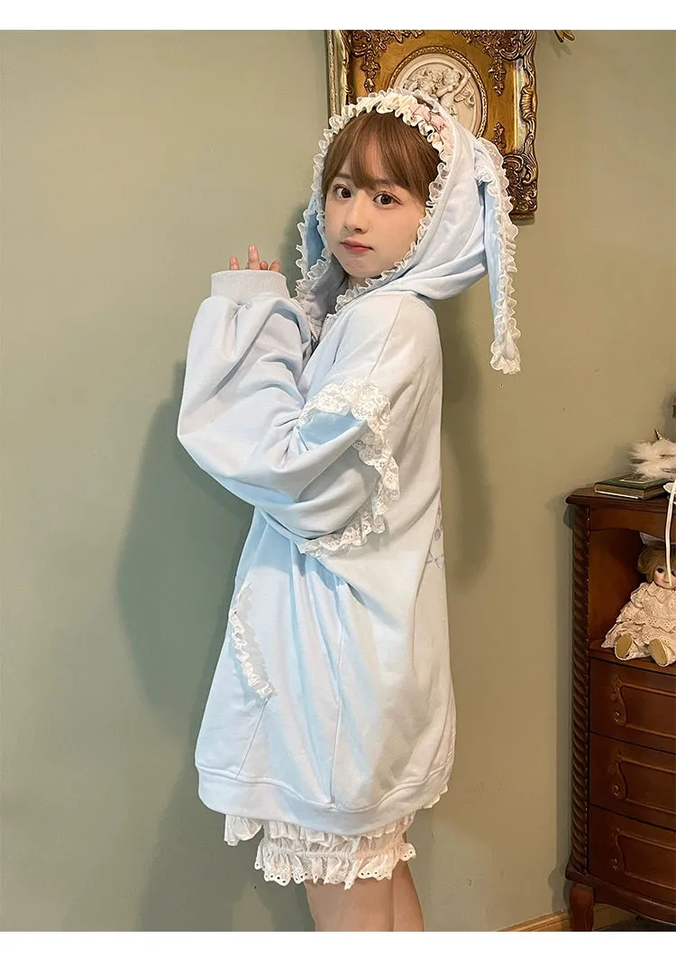 Fairy Kei Bunny Ears Hoodie Lace Coat Multicolor