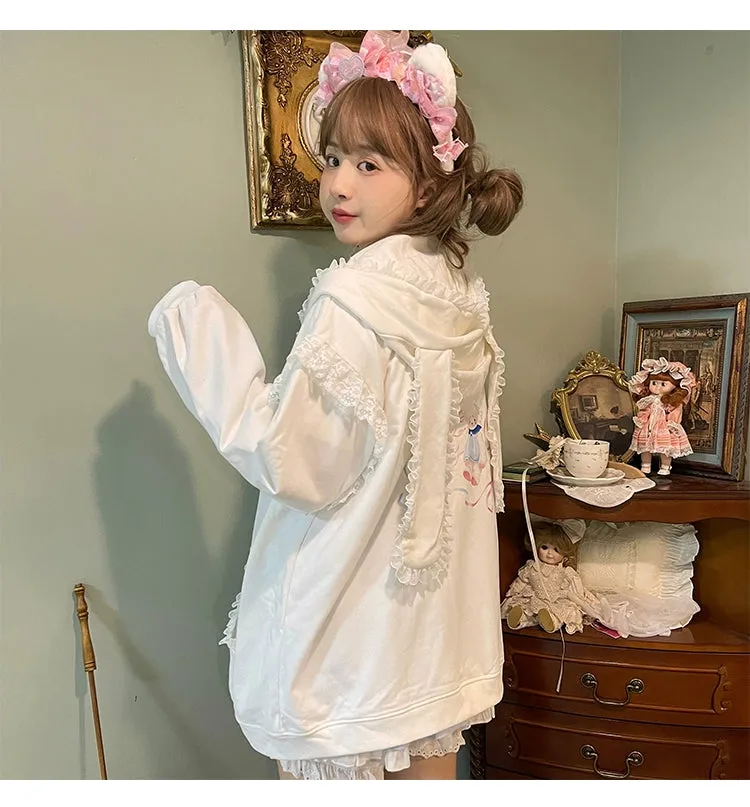 Fairy Kei Bunny Ears Hoodie Lace Coat Multicolor