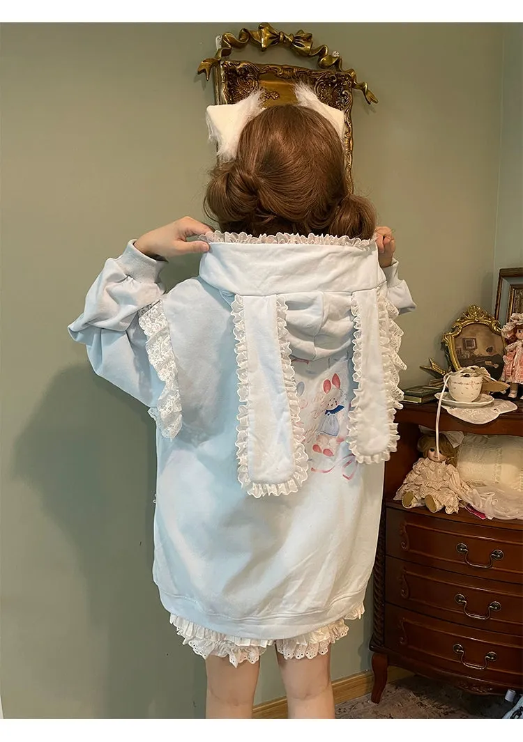 Fairy Kei Bunny Ears Hoodie Lace Coat Multicolor