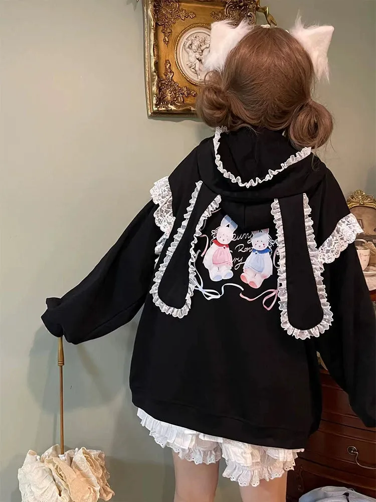 Fairy Kei Bunny Ears Hoodie Lace Coat Multicolor