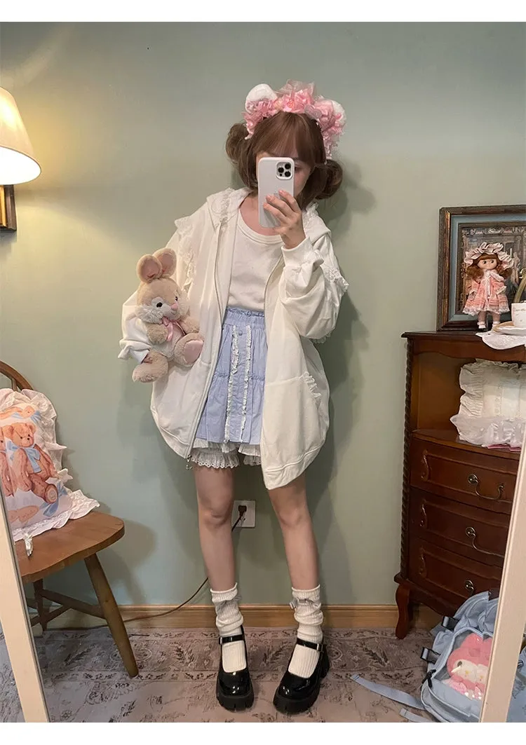 Fairy Kei Bunny Ears Hoodie Lace Coat Multicolor