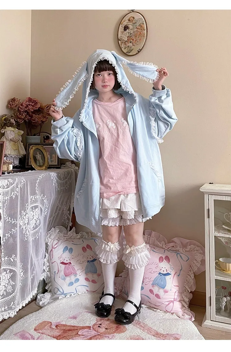 Fairy Kei Bunny Ears Hoodie Lace Coat Multicolor