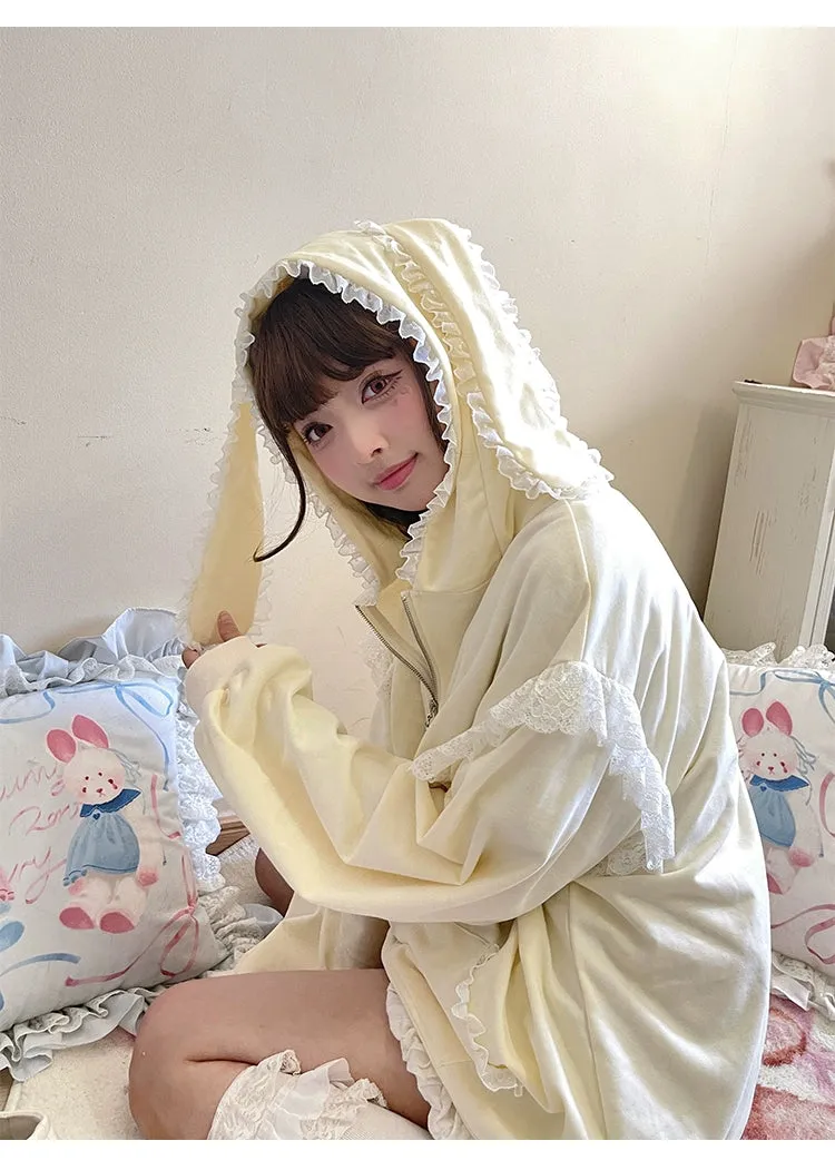 Fairy Kei Bunny Ears Hoodie Lace Coat Multicolor