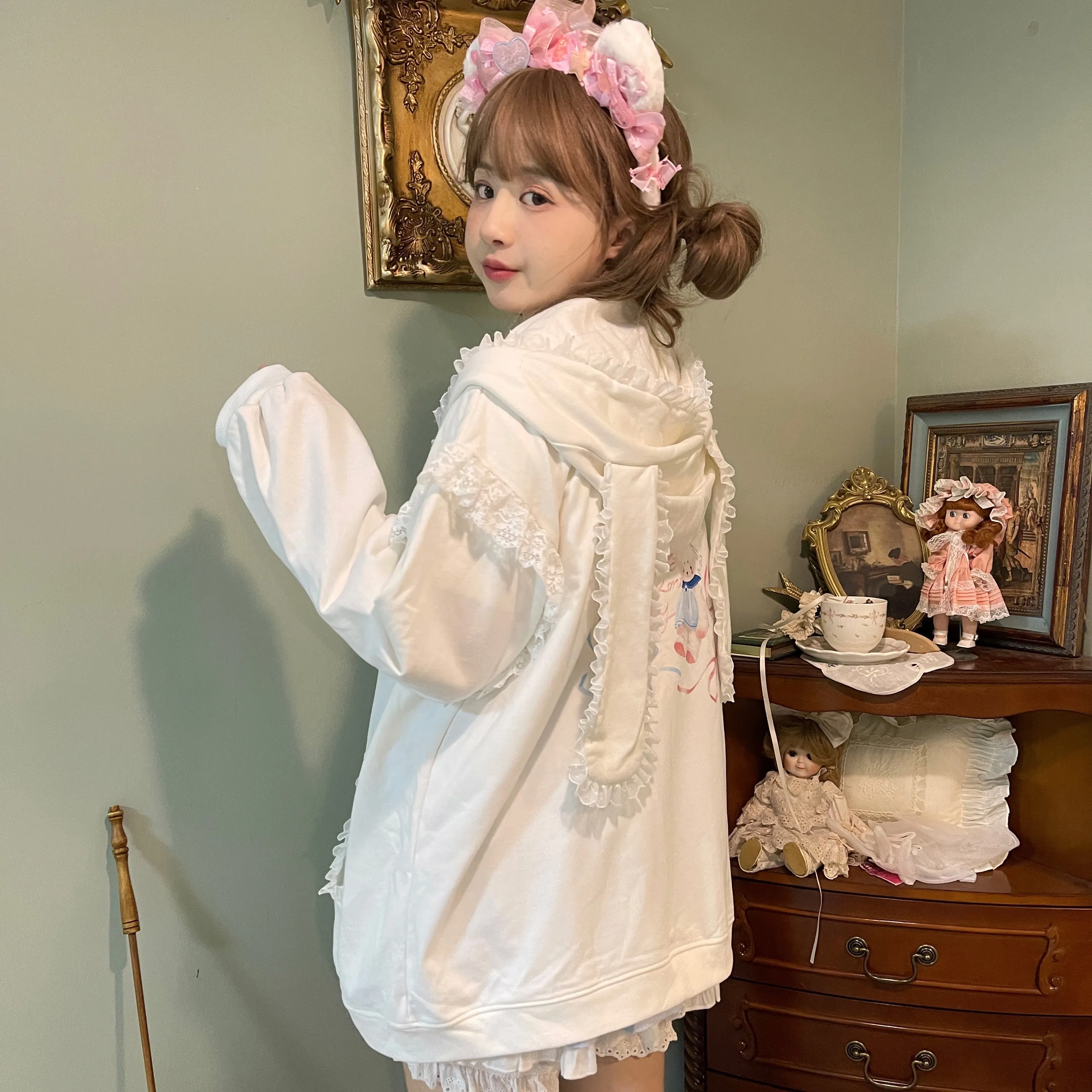 Fairy Kei Bunny Ears Hoodie Lace Coat Multicolor