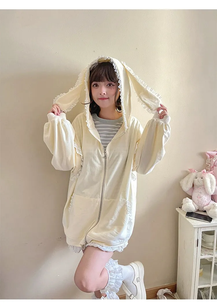 Fairy Kei Bunny Ears Hoodie Lace Coat Multicolor