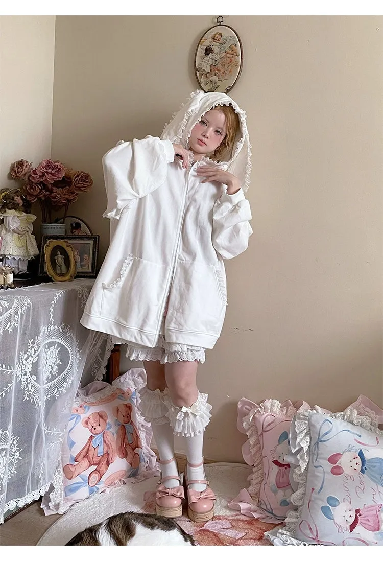 Fairy Kei Bunny Ears Hoodie Lace Coat Multicolor