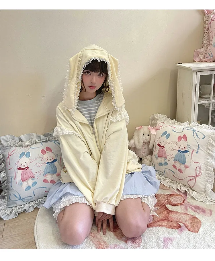 Fairy Kei Bunny Ears Hoodie Lace Coat Multicolor