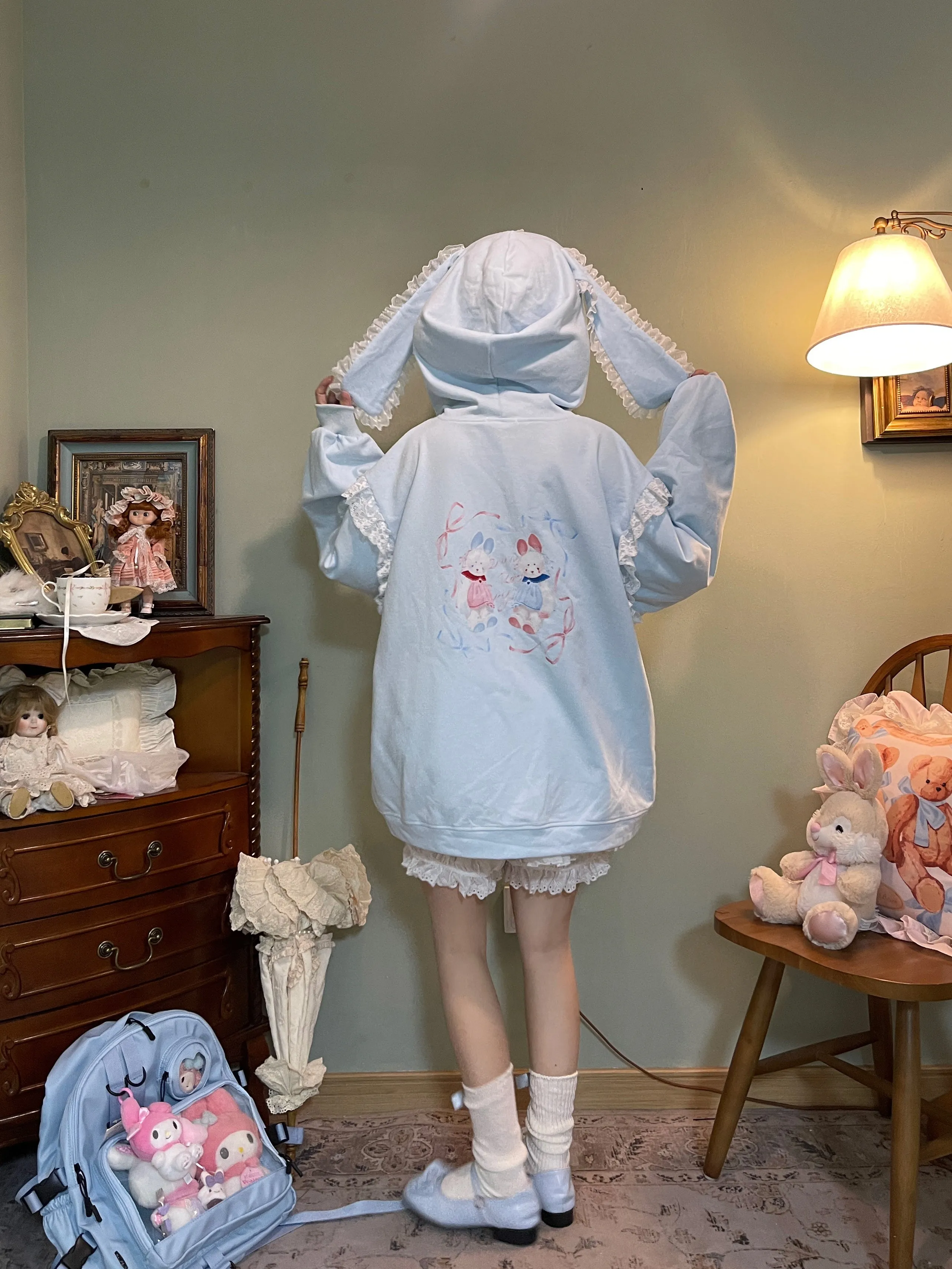 Fairy Kei Bunny Ears Hoodie Lace Coat Multicolor