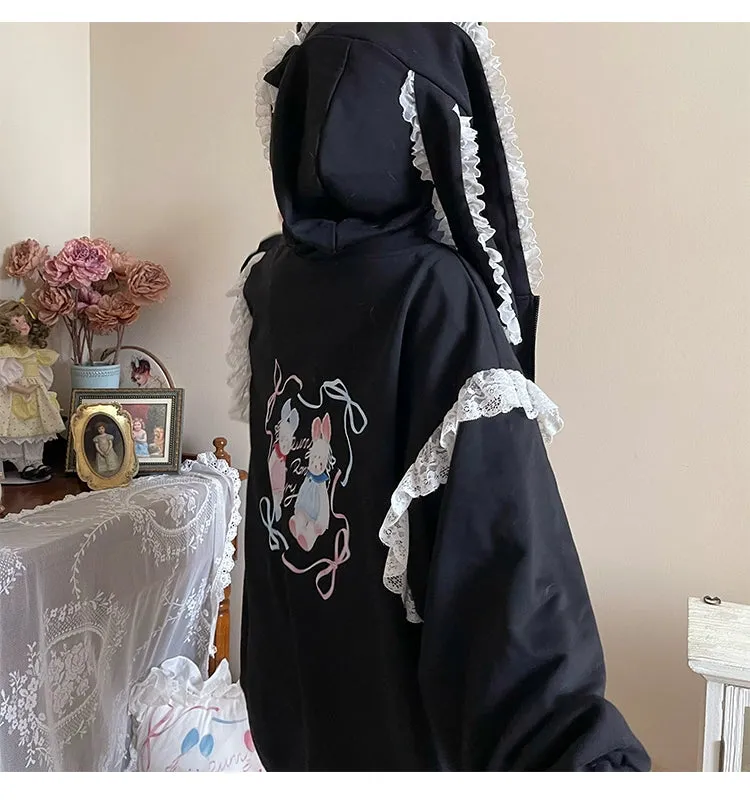 Fairy Kei Bunny Ears Hoodie Lace Coat Multicolor