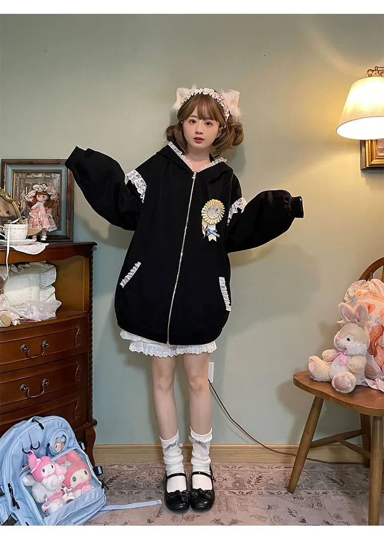 Fairy Kei Bunny Ears Hoodie Lace Coat Multicolor