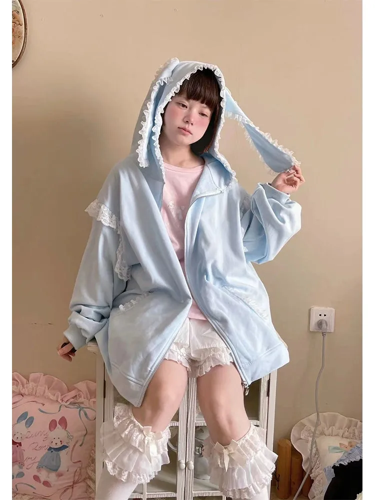 Fairy Kei Bunny Ears Hoodie Lace Coat Multicolor