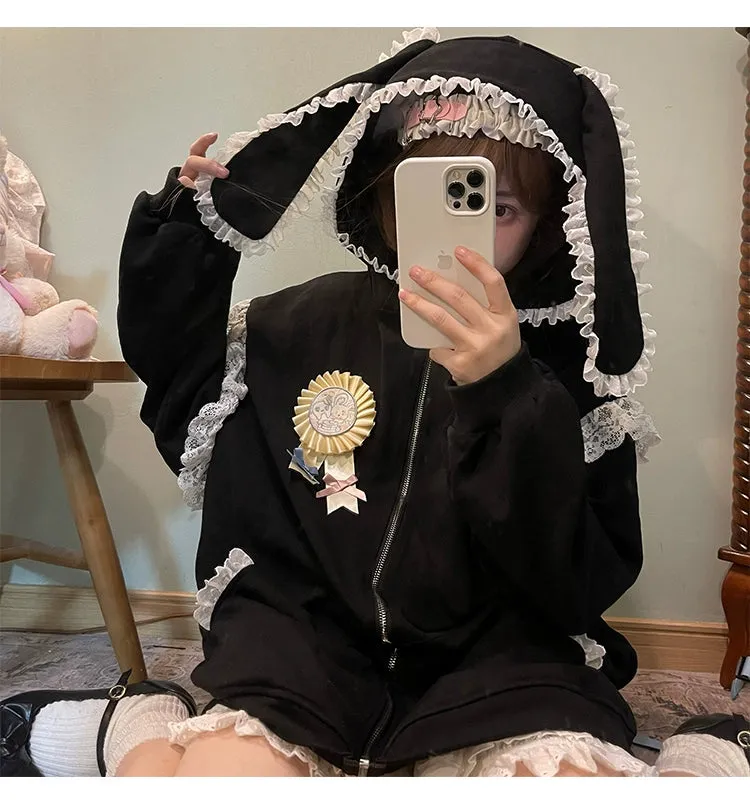 Fairy Kei Bunny Ears Hoodie Lace Coat Multicolor