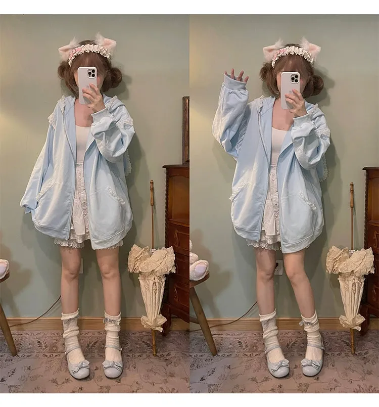 Fairy Kei Bunny Ears Hoodie Lace Coat Multicolor