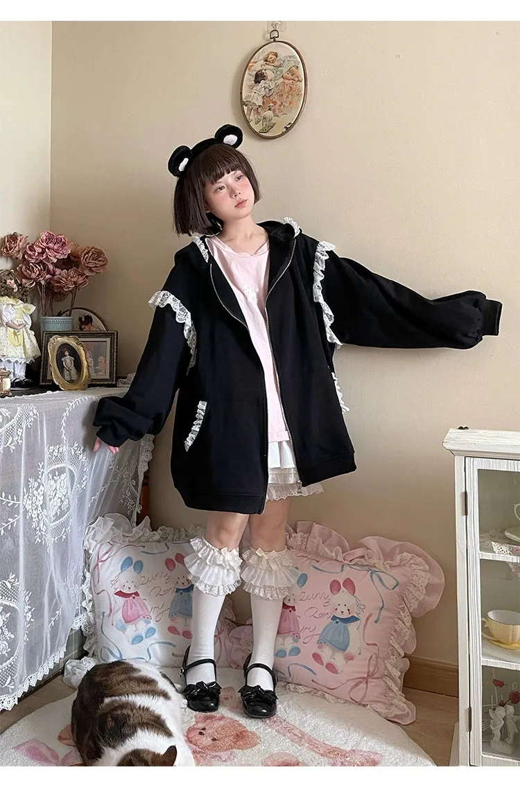 Fairy Kei Bunny Ears Hoodie Lace Coat Multicolor