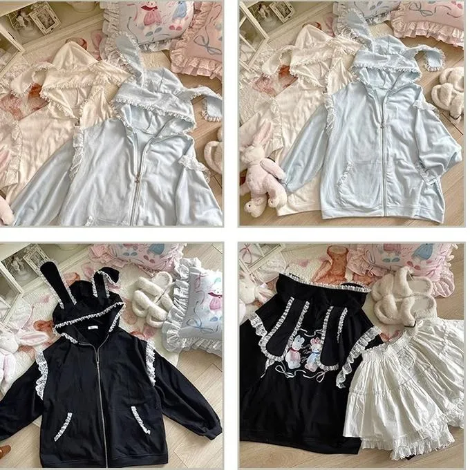 Fairy Kei Bunny Ears Hoodie Lace Coat Multicolor