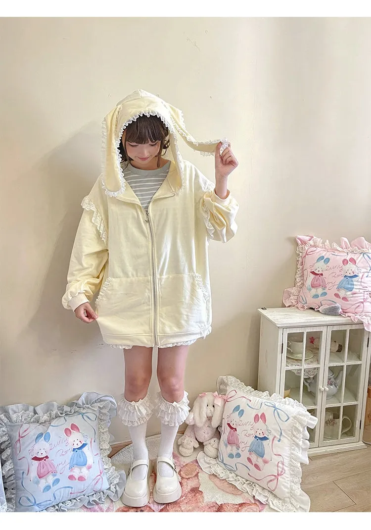 Fairy Kei Bunny Ears Hoodie Lace Coat Multicolor
