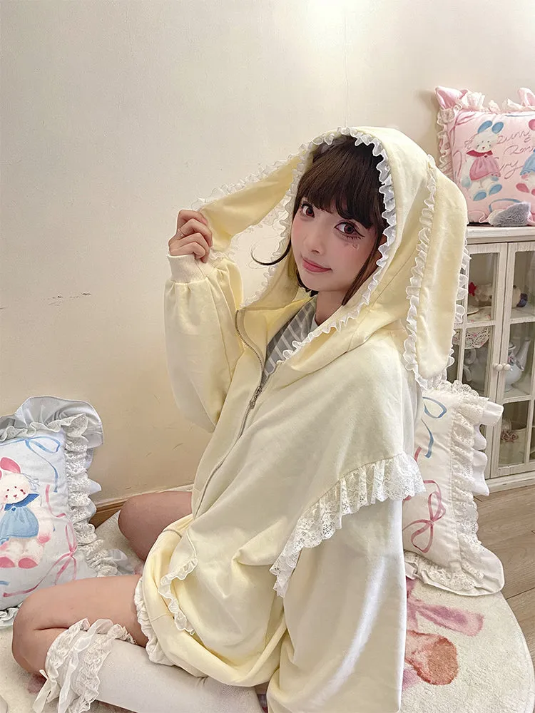 Fairy Kei Bunny Ears Hoodie Lace Coat Multicolor