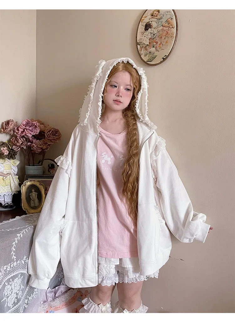 Fairy Kei Bunny Ears Hoodie Lace Coat Multicolor