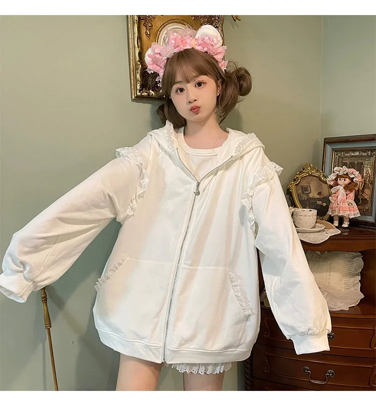 Fairy Kei Bunny Ears Hoodie Lace Coat Multicolor