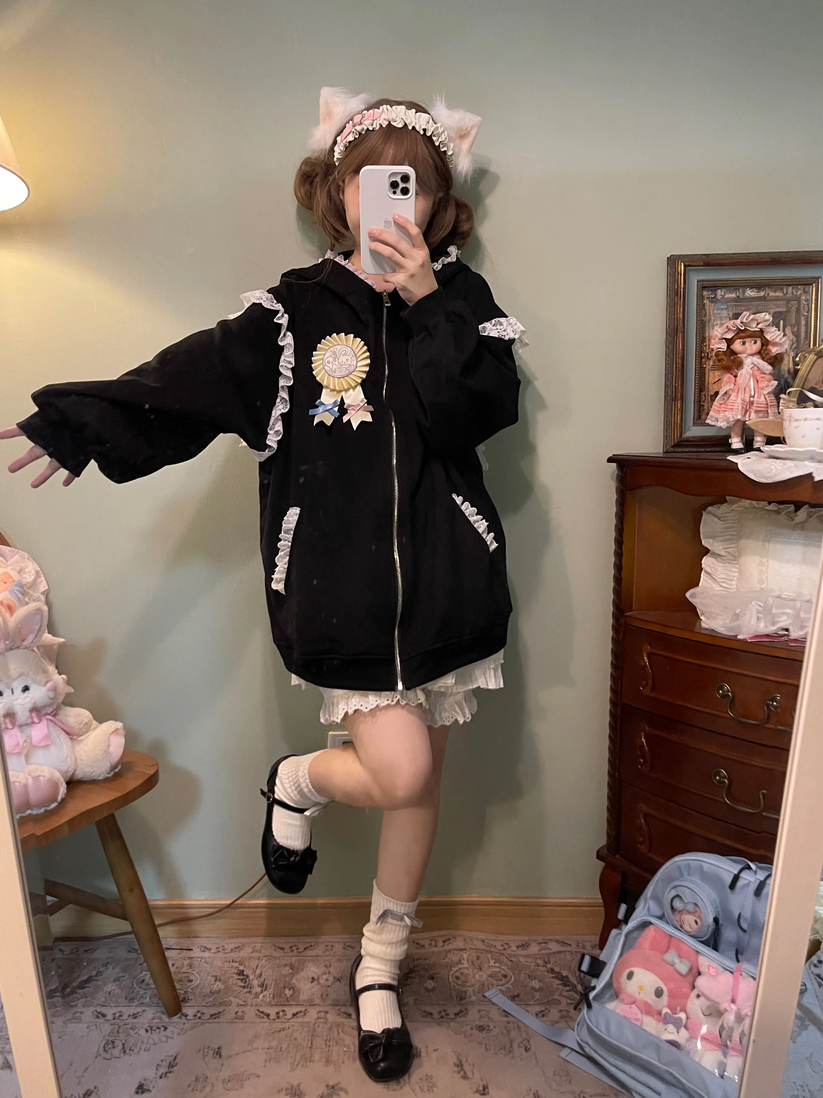 Fairy Kei Bunny Ears Hoodie Lace Coat Multicolor