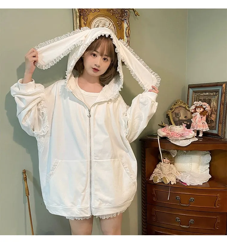 Fairy Kei Bunny Ears Hoodie Lace Coat Multicolor