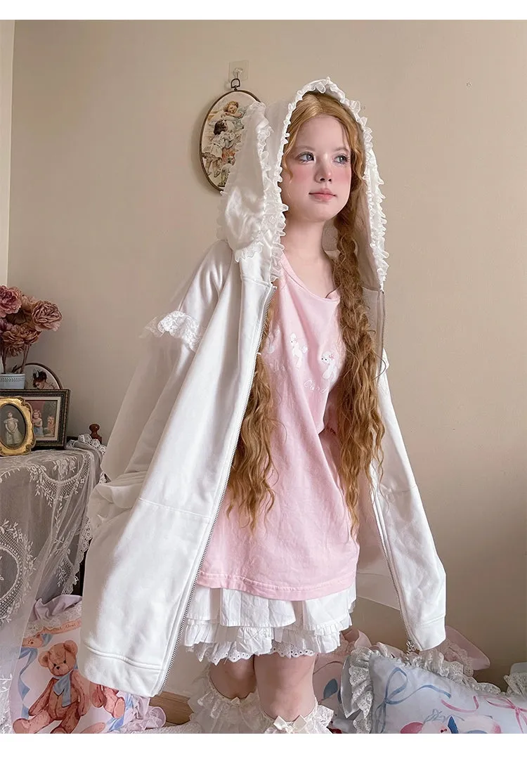 Fairy Kei Bunny Ears Hoodie Lace Coat Multicolor