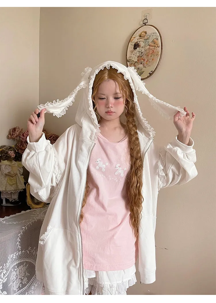 Fairy Kei Bunny Ears Hoodie Lace Coat Multicolor