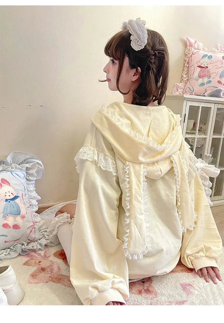 Fairy Kei Bunny Ears Hoodie Lace Coat Multicolor