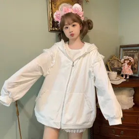 Fairy Kei Bunny Ears Hoodie Lace Coat Multicolor
