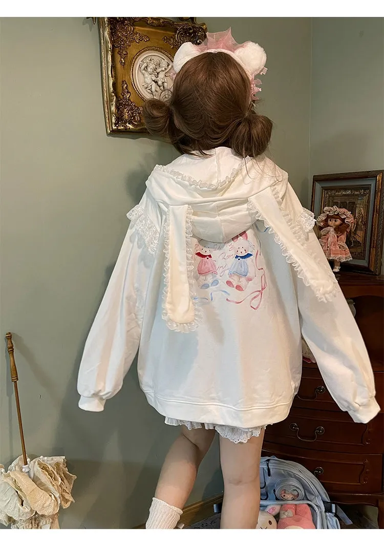 Fairy Kei Bunny Ears Hoodie Lace Coat Multicolor