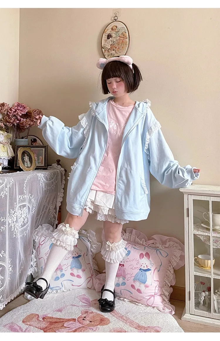 Fairy Kei Bunny Ears Hoodie Lace Coat Multicolor