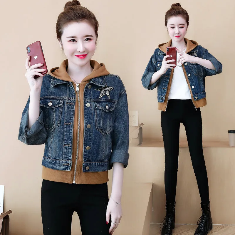 Fashion Hooded Loose Denim Coat Fake Two-Piece Set