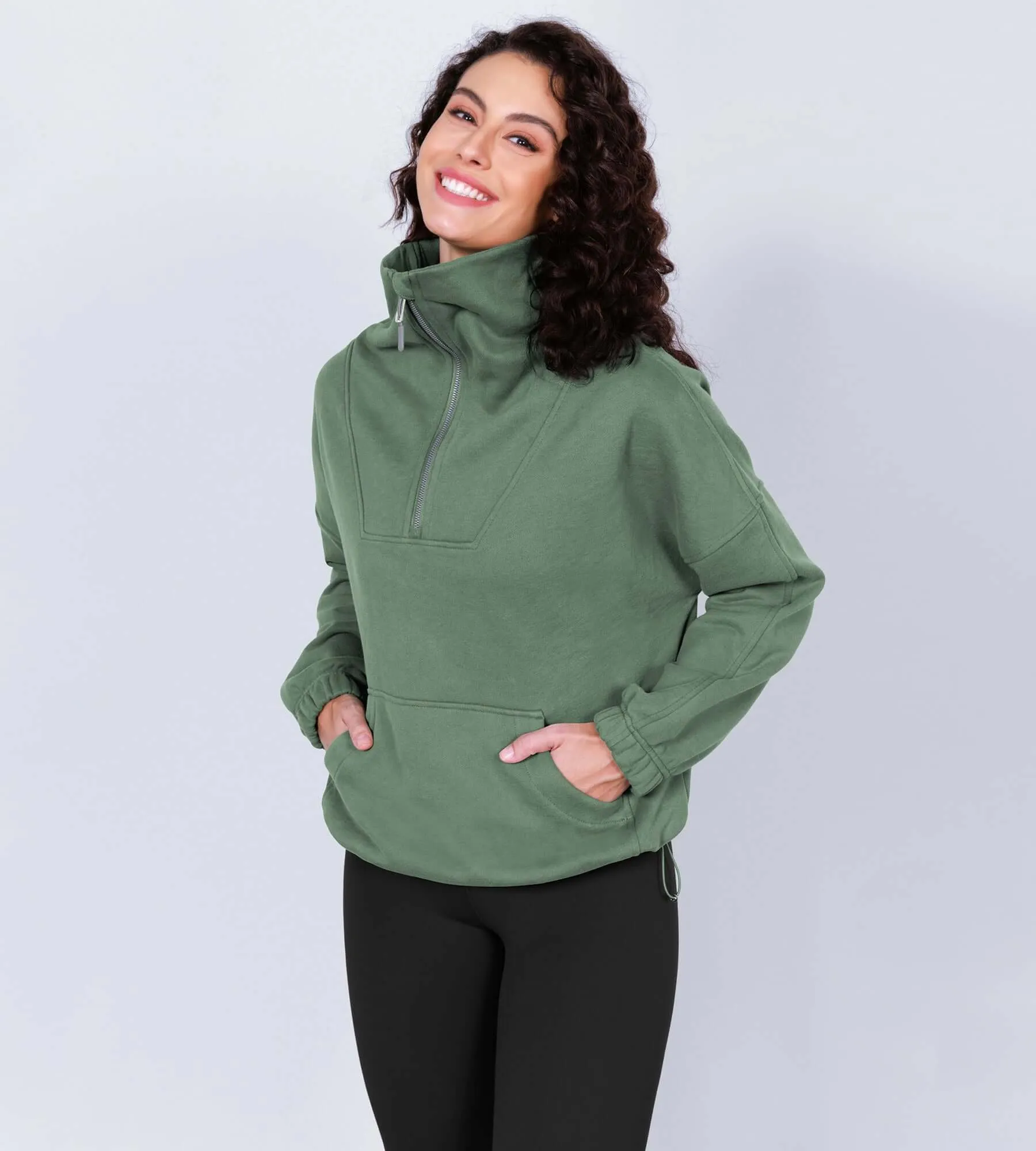 Funnel Neck Half Zipper Fleece Lined Hoodie