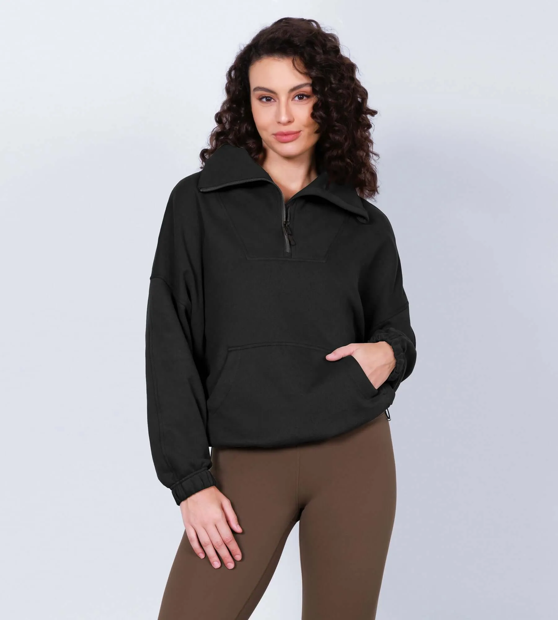 Funnel Neck Half Zipper Fleece Lined Hoodie